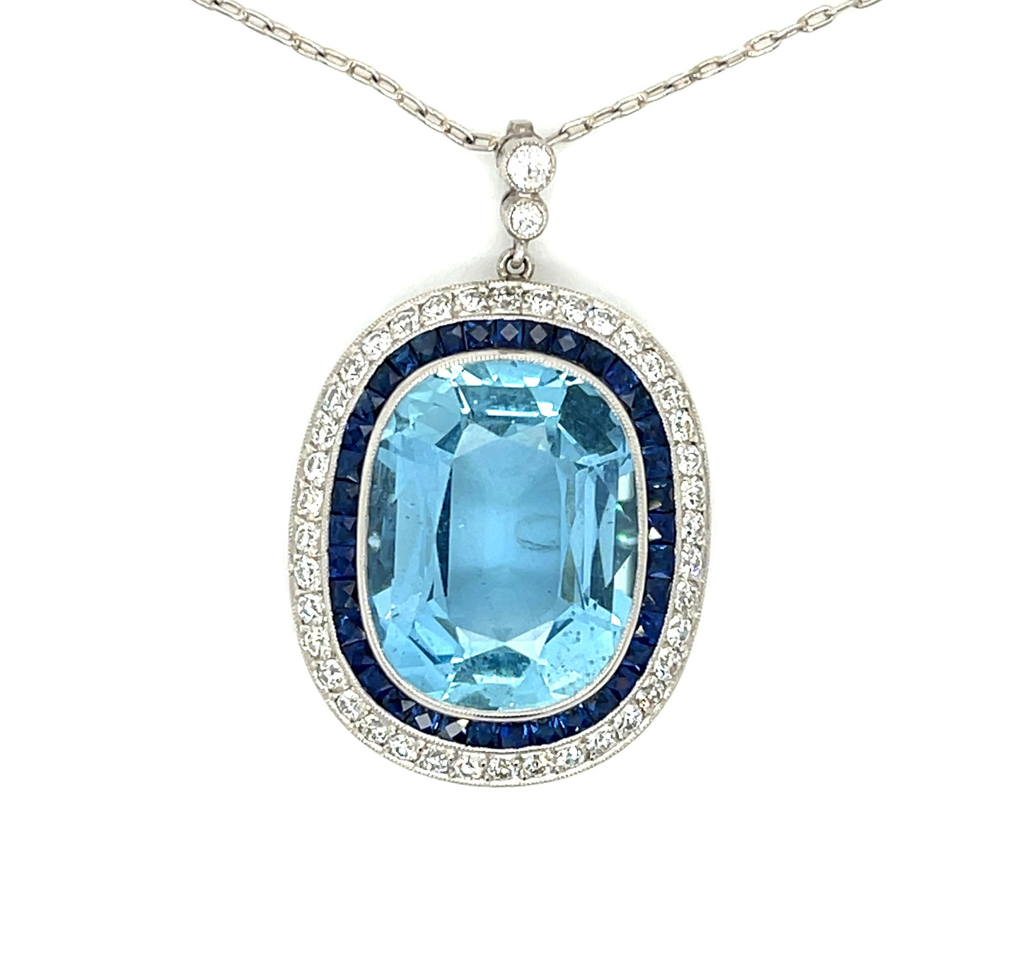 12.16ct Aquamarine 1.70ct French cut Sapphires .87ct Old European Cut Diamonds Handmade Platinum Pendant