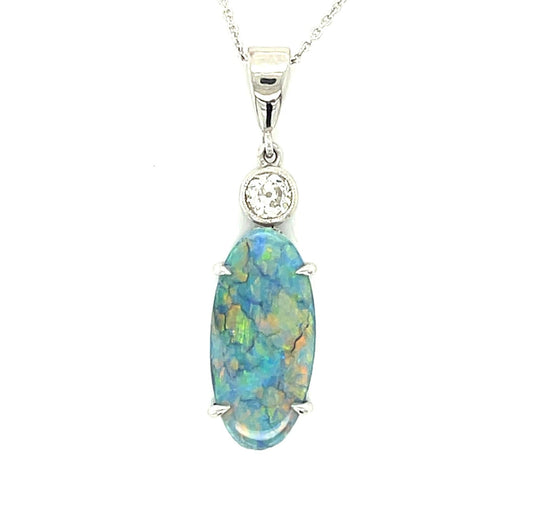 3.47ct Black Australian Opal Elongated Oval Shape .22ct Diamond 14KW Pendant