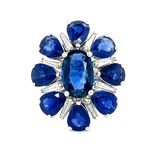 2.50ct Oval Sapphire Center 18KW Estate Handmade Ring 6ct Side Pear Shape Sapphires .68ct Baguette Diamonds