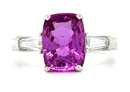 3.69ct Pink Sapphire 18KW Ring .30ct Baguette Diamonds