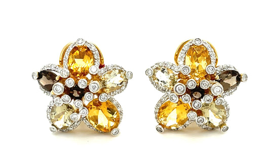 14KY Citrine and Topaz Flower Earrings 13.2gr 7.41cts(cit +top) .61ct twt(dia)