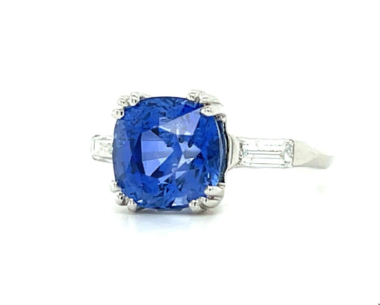 3.94ct Sapphire .24ct Diamond Platinum Vintage Ring (Circa 1950s)