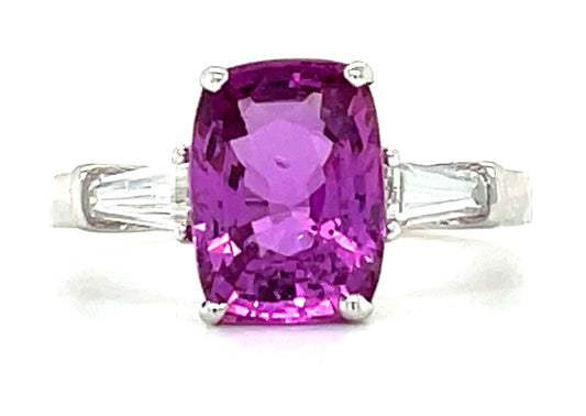 3.69ct Rectangular Cushion Gorgeous Pink Sapphire 18KW Ring .30ct Modified Baguette Diamonds