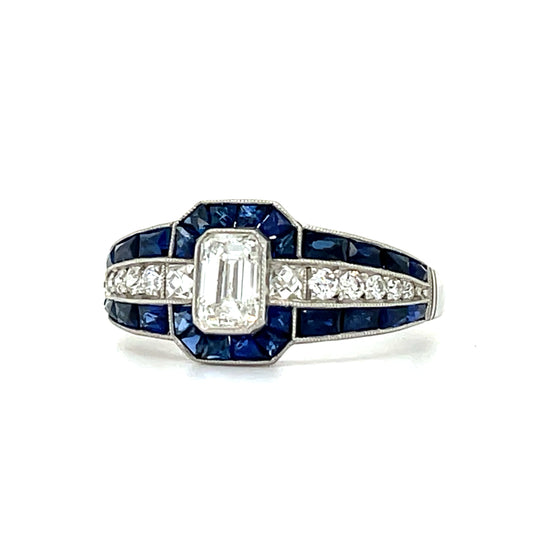 .70ct Emerald Cut Center Diamond Handmade & Inspired PT Ring 1.50ct French-cut Sapphires .25ct SD