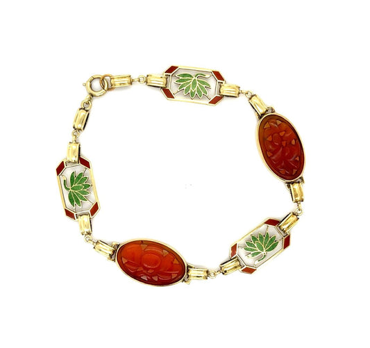 Original Art Deco 14KY Carnelian & Enamel Antique Bracelet (c 1920s) 8.50"