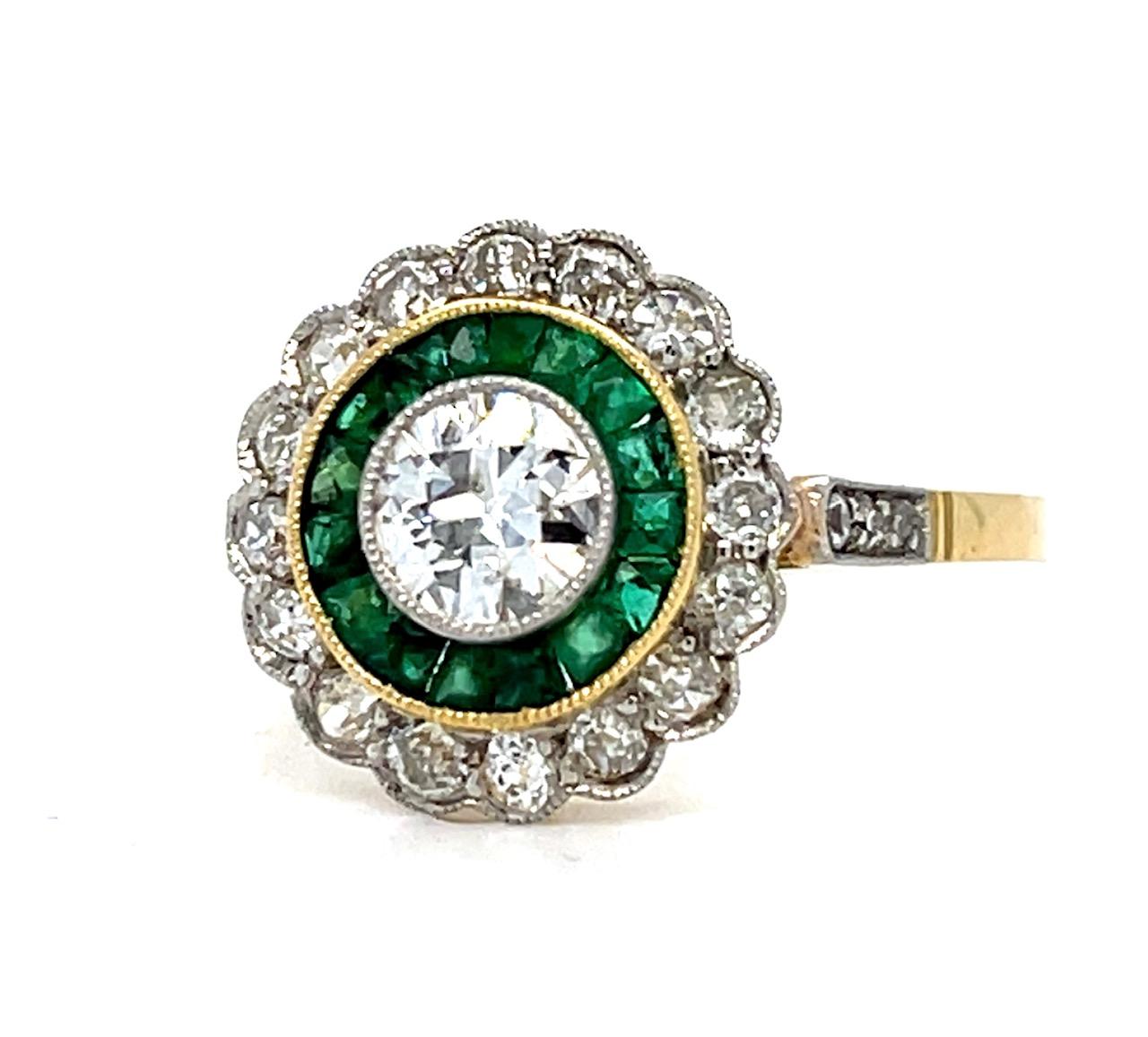 .40ct Old European Diamond .66ct Emerald Platinum+18KY Handmade Ring .74ct SD