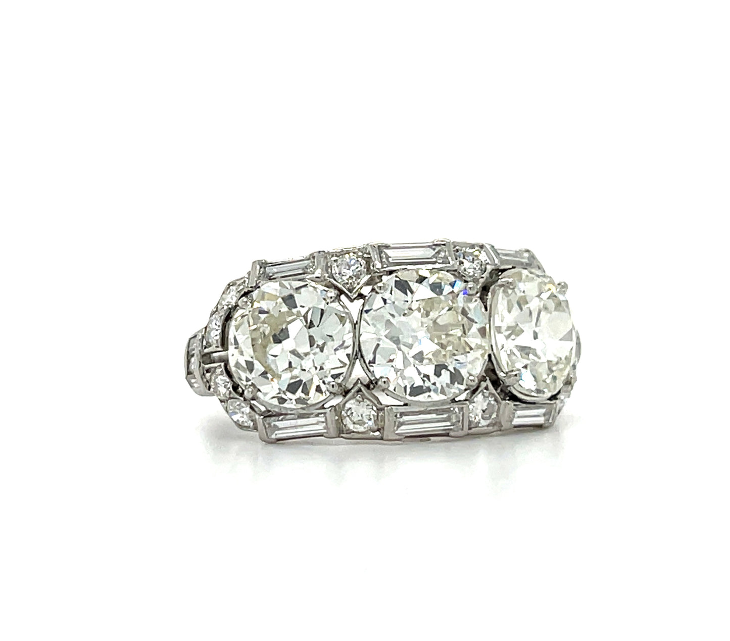 Art Deco Three Stone Diamond Platinum Ring (Vintage Circa 1930s) 1.57ct Old European Cut (OEC) Center Diamond 1.50ct GIA K SI1 OEC 1.25ct OEC 1.10ct Side Diamonds