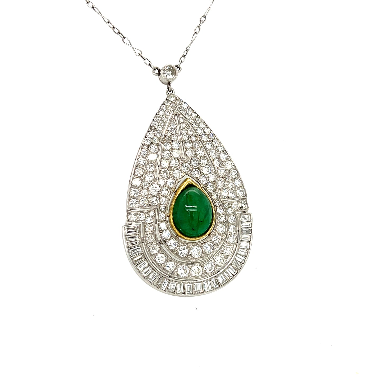 Art Deco (Circa 1930s) 2.75ct Cabochon Emerald Vintage Platinum Pendant 4.50ct Baguette, Single Cut and Old European Cut Diamonds
