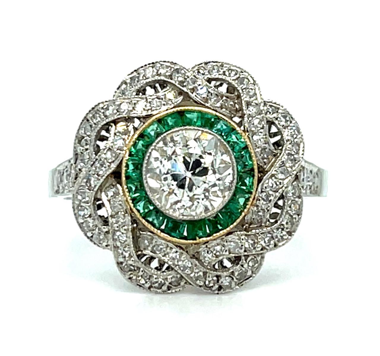 .75ct Old European Diamond .50ct Emerald Platinum Handmade Ring .72ct SD 4.80g 7