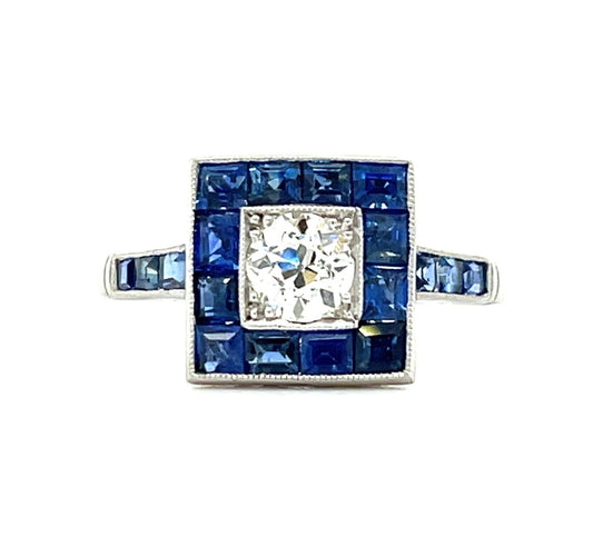 .46ct Old European Cut Diamond 2ct Calibre Blue Sapphires Platinum Handmade Ring