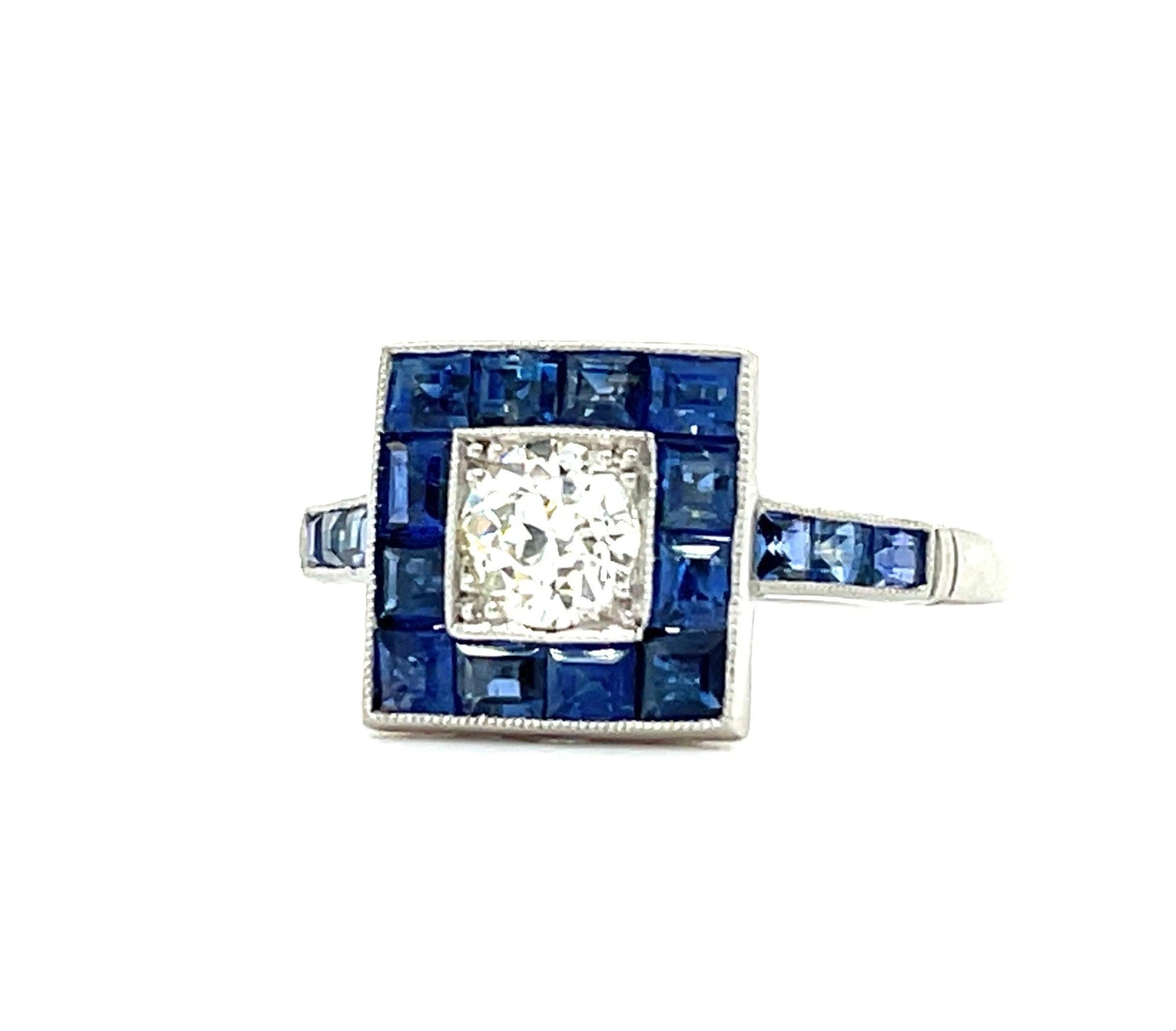 .46ct Old European Cut Diamond 2ct Calibre Blue Sapphires Platinum Handmade Ring