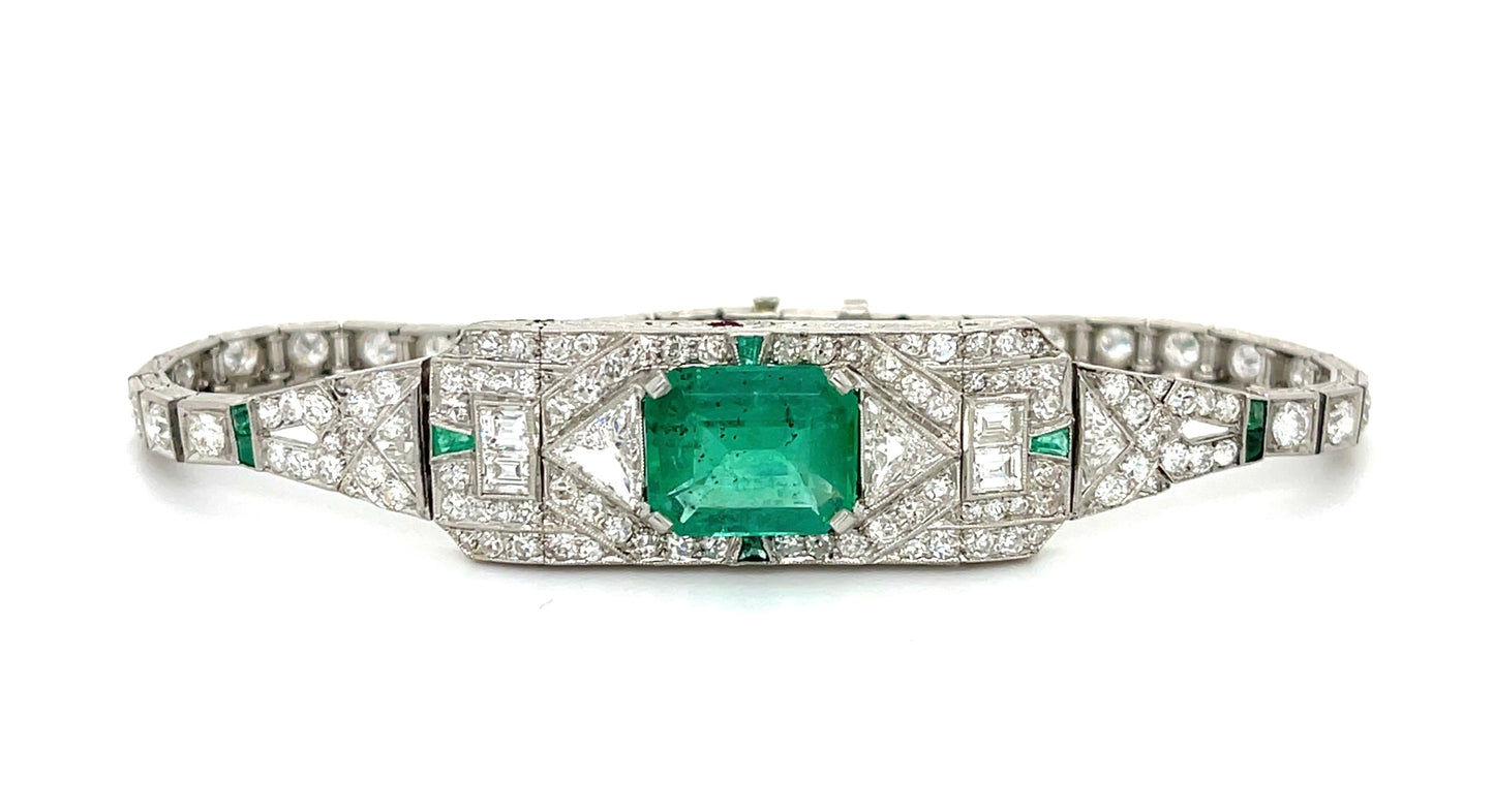 Art Deco 4.46ct Emerald Bracelet Platinum (Antique Circa 1920s) 5.75ct Diamonds (114 Stones)