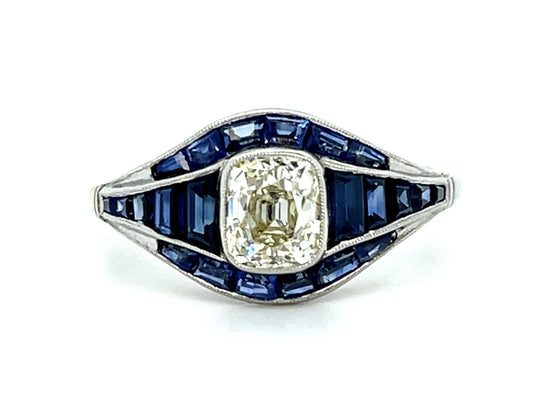 .86ct Old Cushion Diamond 1.76ct Sapphire Platinum Handmade Ring 5.26g 6.75 Size