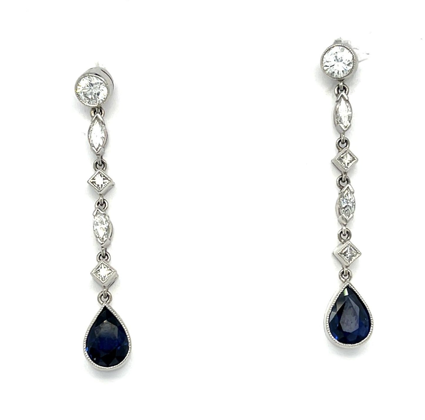 2ct Sapphire .74ct Diamond Platinum Handmade Drop Earrings