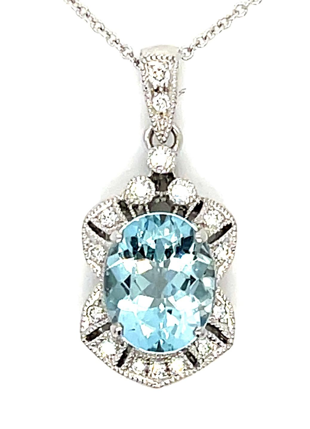 2.21ct Aquamarine .19ct Diamond 18KW Pendant 4.78g 16" Length 14K Chain