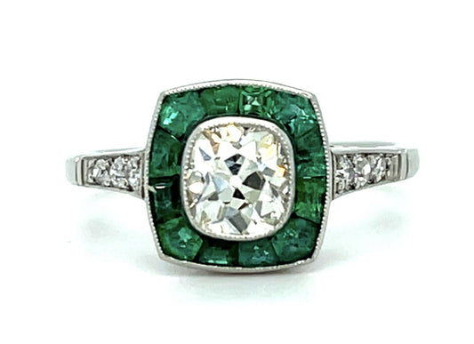 .81ct Old Mine Diamond .78ct Emerald Platinum Handmade Ring .16ct SD 4.40g 6.50