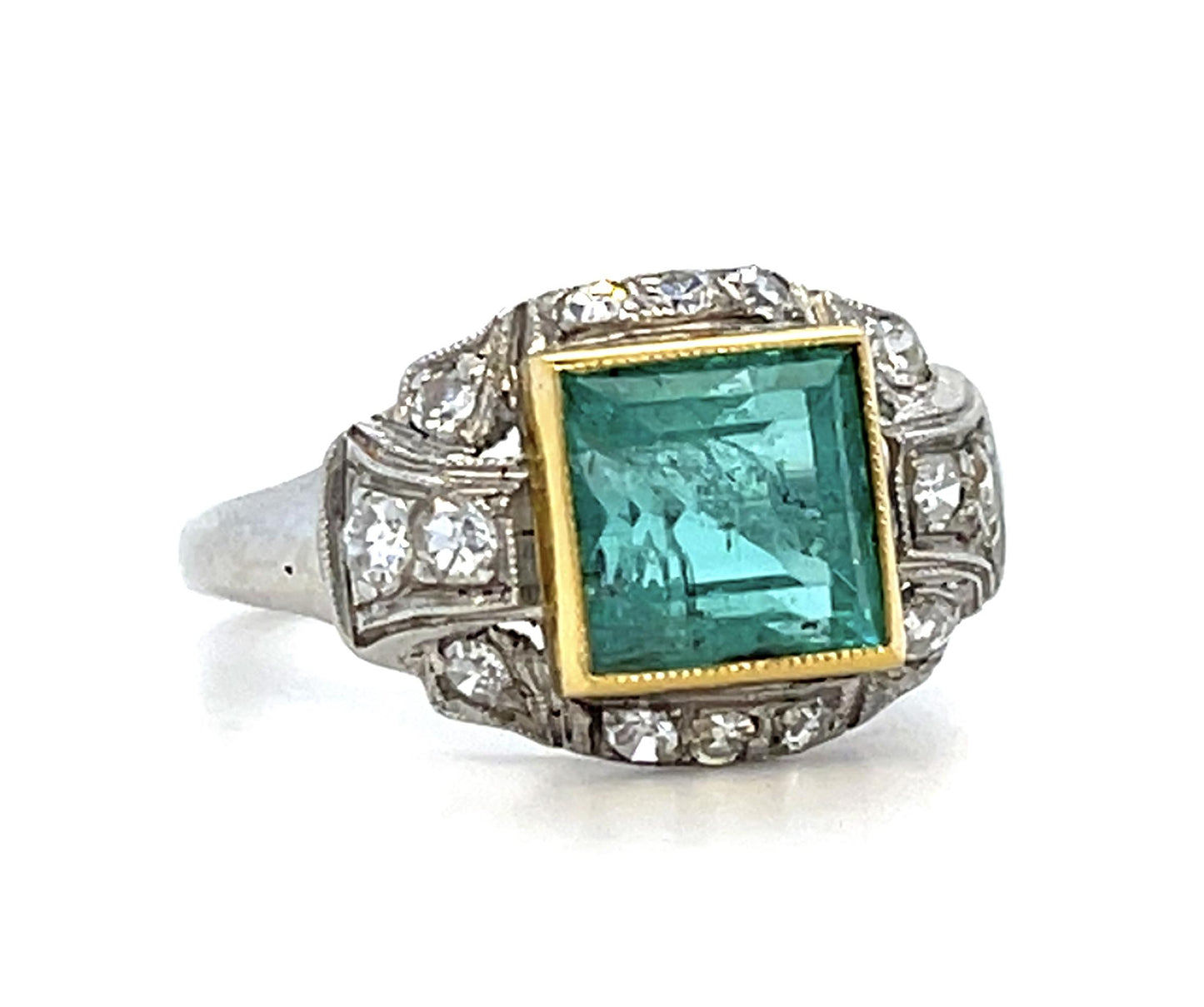 Art Deco 1.50ct Emerald .30ct Diamond Platinum+18KY Ring (Vintage 1930s) 3.63g