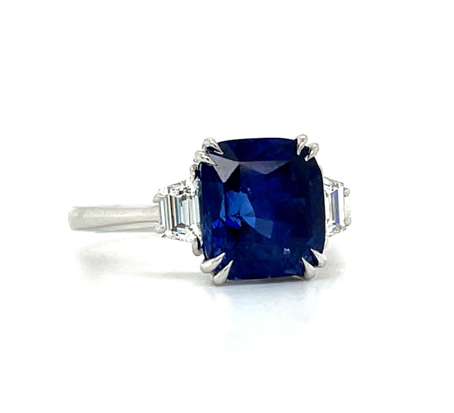 5.24ct Royal Blue Sapphire Ring 18KW .47ct Trapezoid Diamonds