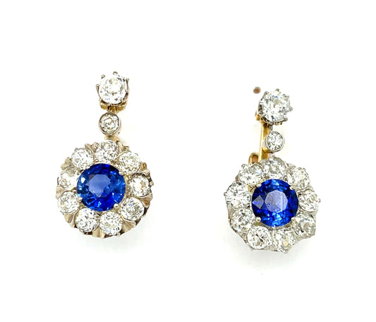 Edwardian 2.50ct Sapphire 3.60ct Old Mine Cut & Old European Cut Diamonds Platinum over 18KY Antique Drop Earrings (Circa 1900)