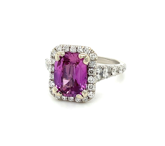 3.49ct Pink Sapphire Cushion cut 1.10ct Diamonds 14KW Estate Ring