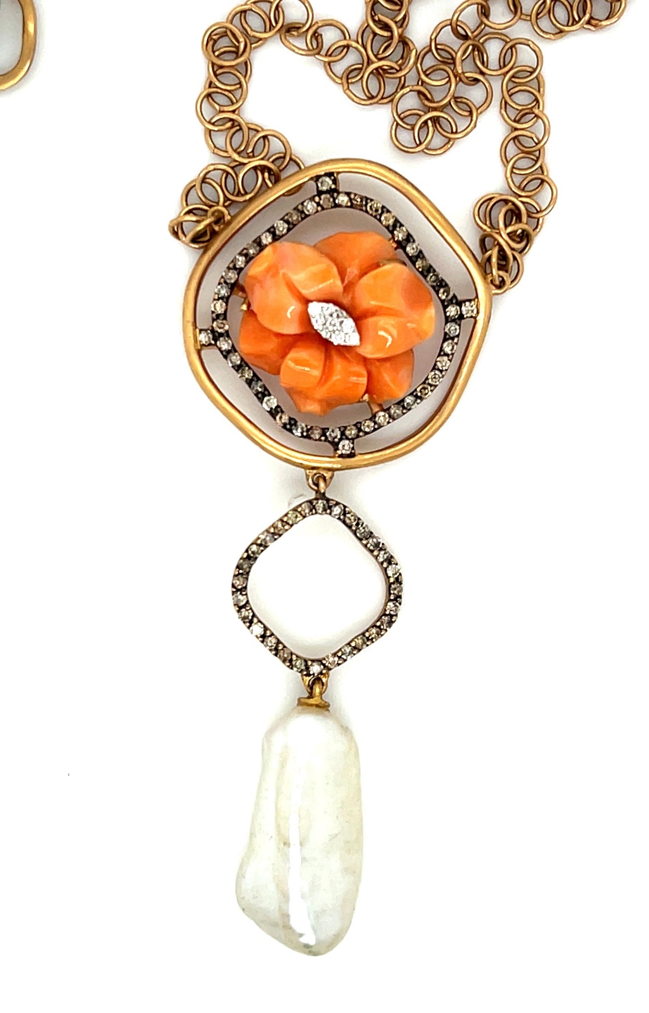 18KY Carved Coral+Pearl & .44ct Diamond Necklace