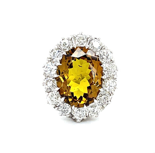 5.46ct Orange Sapphire 1.88ct Old European Cut Diamond 18KW Art Deco Ring 1920s