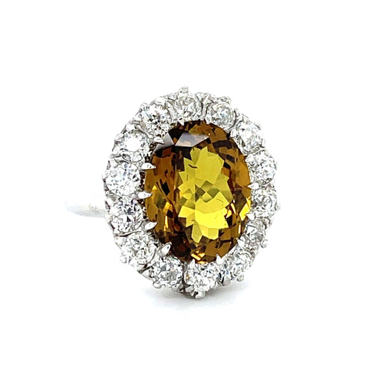 5.46ct Orange Sapphire 1.88ct Old European Cut Diamond 18KW Art Deco Ring 1920s