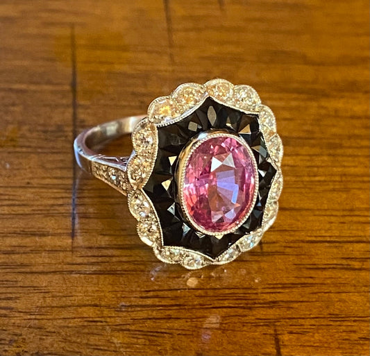 3.53ct Oval Pink Sapphire, Onyx .73ct Diamond Platinum Handmade Ring