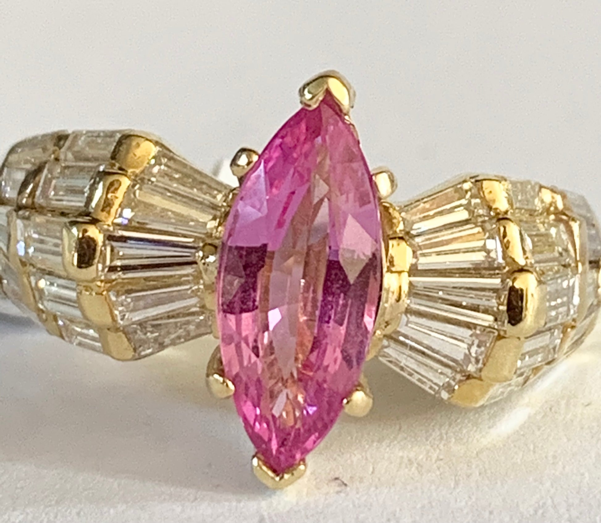 2.30ct Pink Sapphire & 1.80ctw Diamond 18KY Yellow Gold Ring Circa 1960s