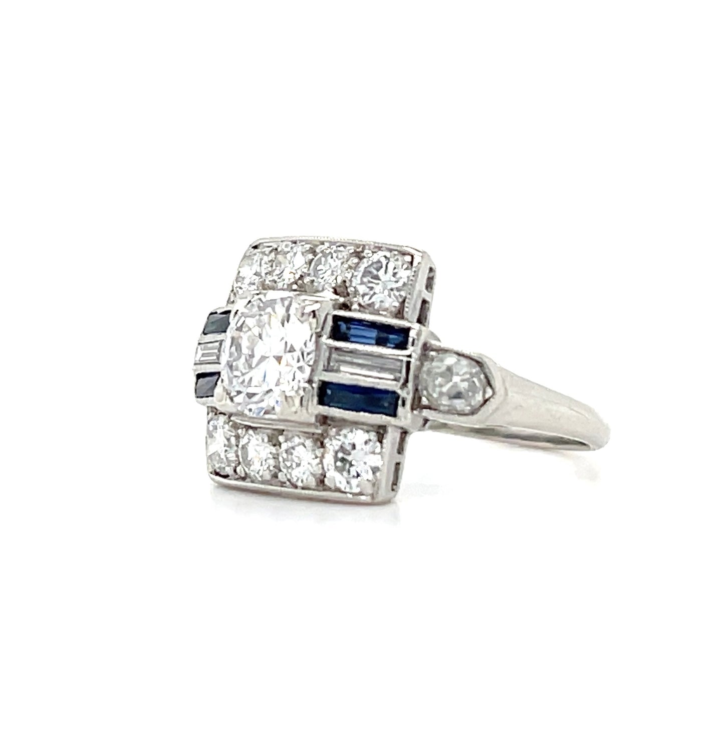 Art Deco (Circa 1930s) .84ct Old European Cut Center Diamond Platinum Vintage Ring .40ct Sapphires 1.15ct SD