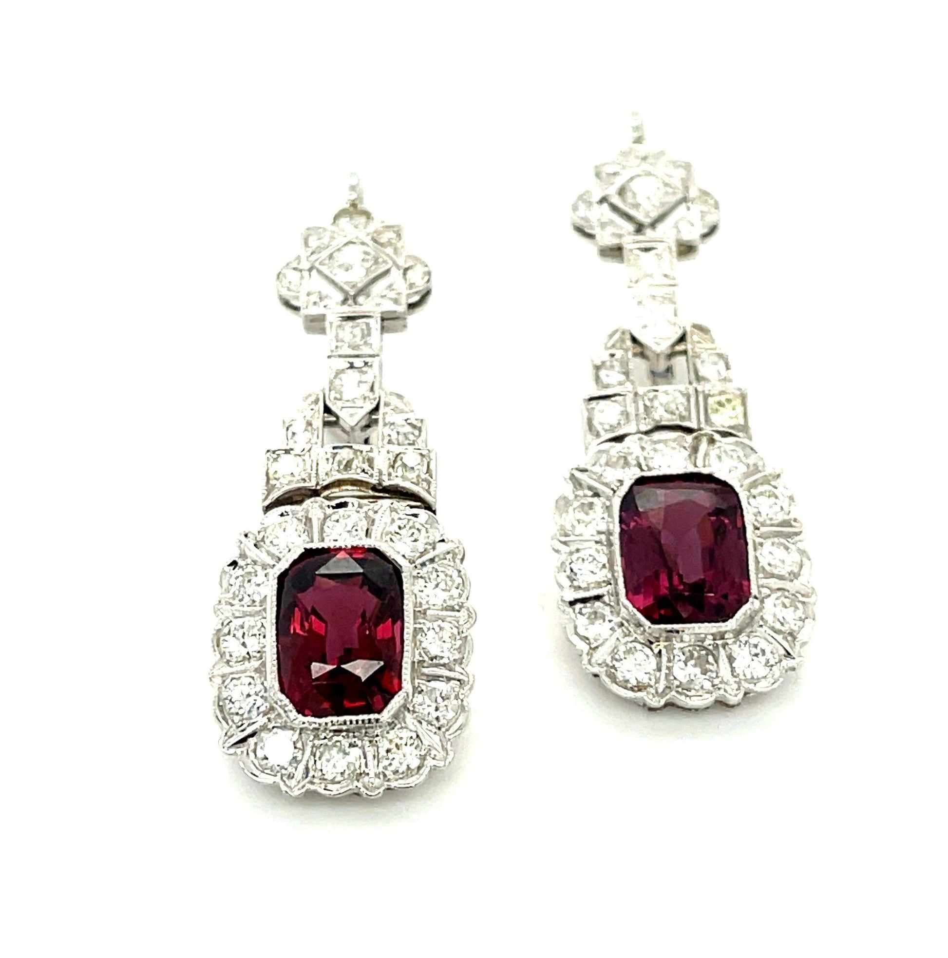 5.66ct Spinel 2ct Diamond 18KW Art Deco Vintage Drop Earrings (Circa 1930s)