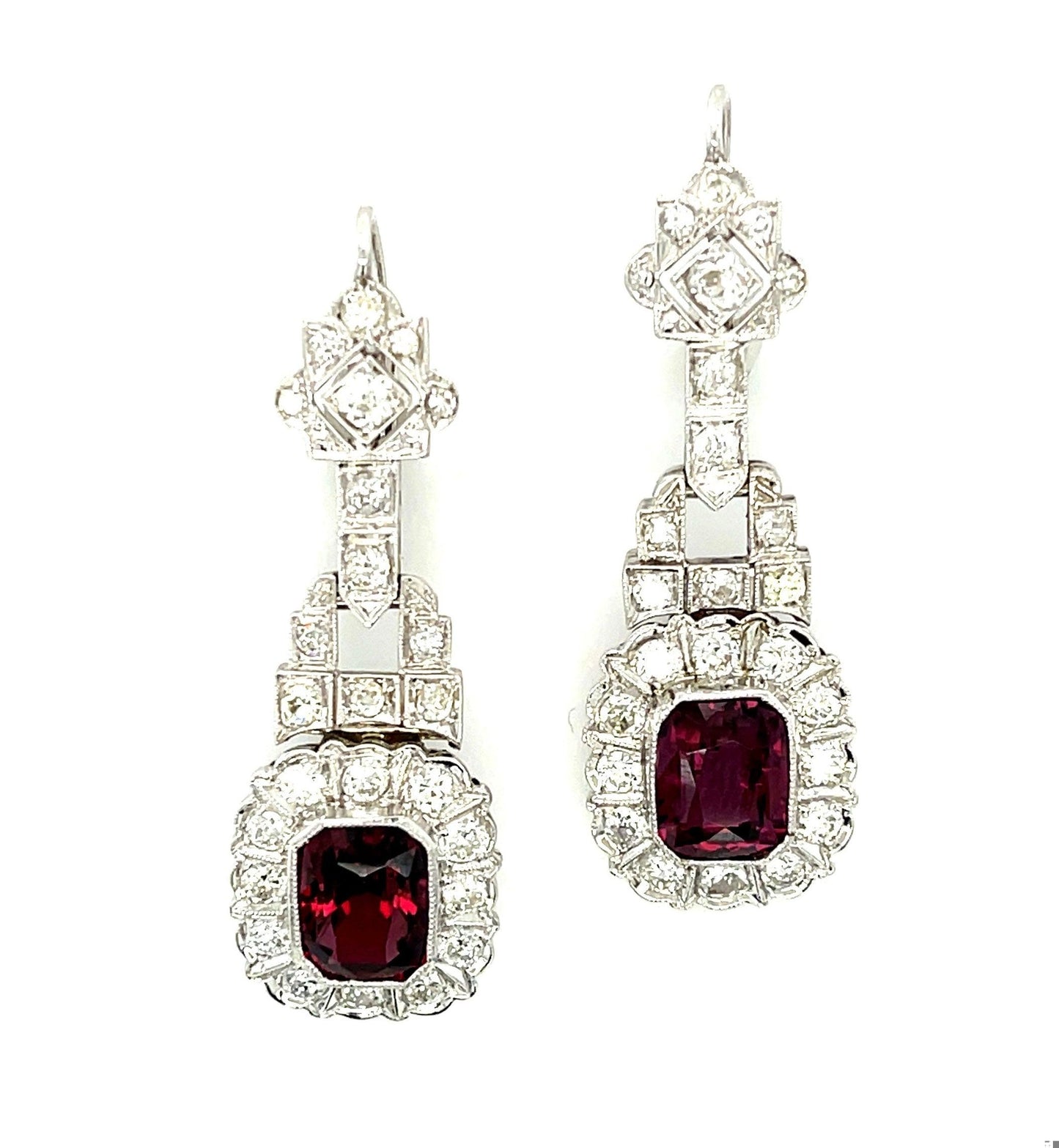 5.66ct Spinel 2ct Diamond 18KW Art Deco Vintage Drop Earrings (Circa 1930s)