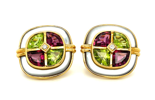 8ct Peridot 8ct Garnet Mother of Pearl .08ct Diamond 18KY Vintage Earrings (Circa 1970s)