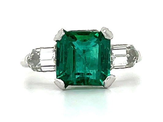 Art Deco 2.95ct Emerald Platinum Ring (Circa 1930s) .80ct Bullet Diamonds .34ct Side Diamonds