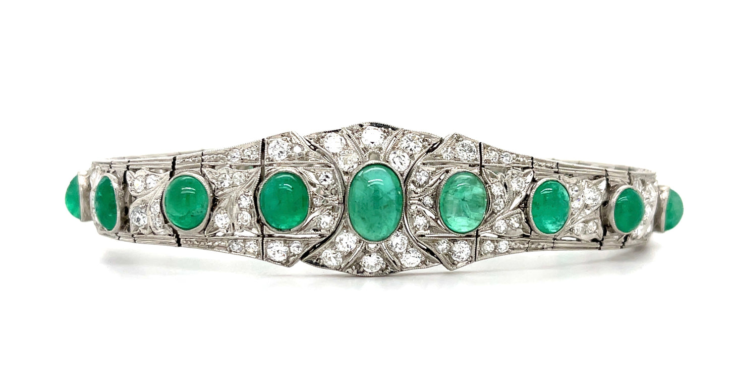 Art Deco 10ct Cabochon Emerald Bracelet Platinum (Vintage Circa 1930s) 3.50ct Diamonds
