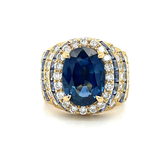 4.12ct Sapphire Ring 18KY (Vintage Circa 1960s) 1.08ct Diamonds 2.10ct Side Sapphires