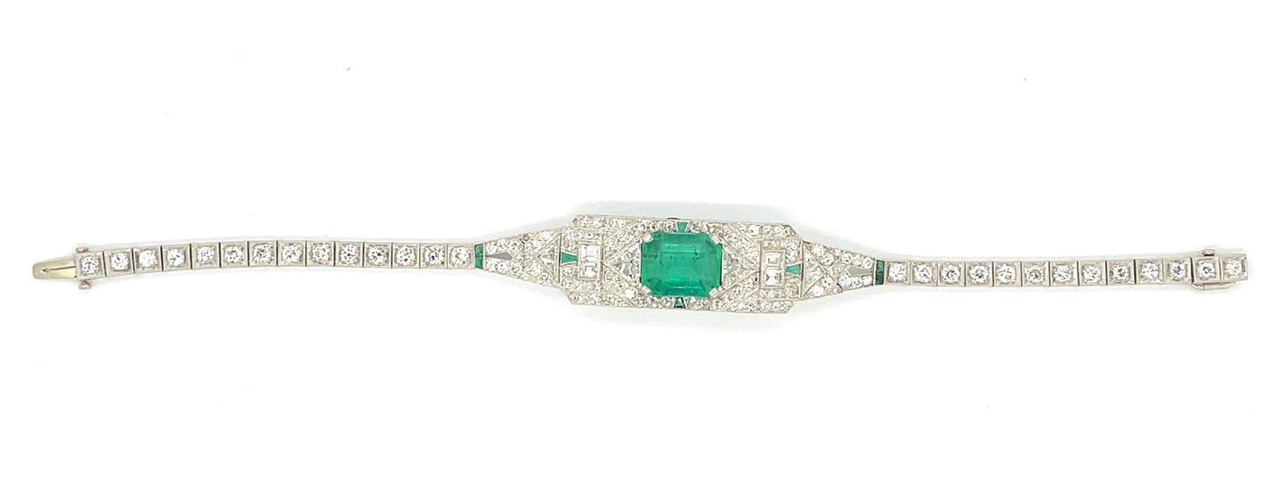 Art Deco 4.46ct Emerald Bracelet Platinum (Antique Circa 1920s) 5.75ct Diamonds (114 Stones)