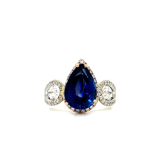 4.55ct Blue Sapphire Pear Shape 14KY Two Tone 1.30ct Diamonds Pear Shape and Round Brilliants