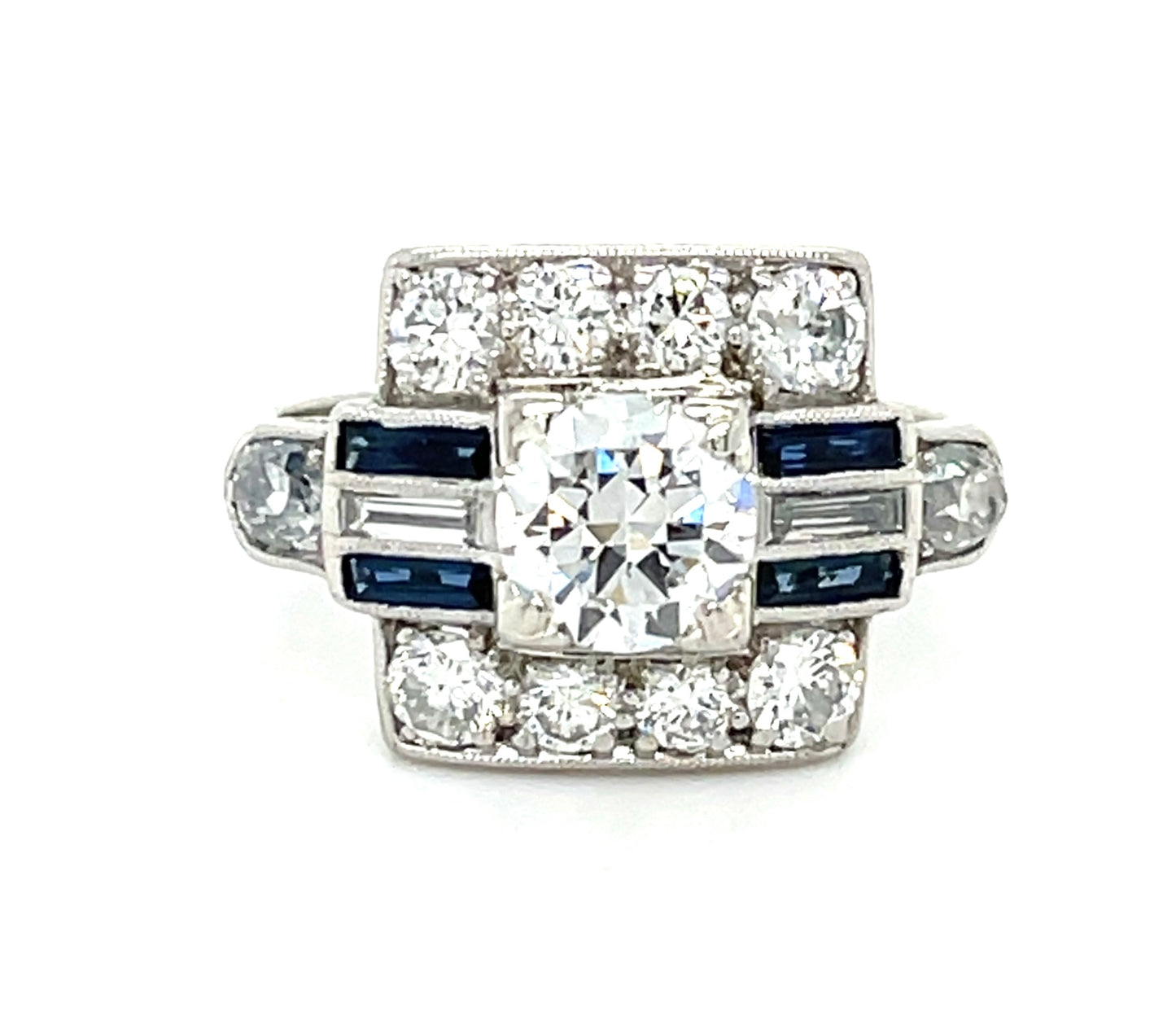 Art Deco (Circa 1930s) .84ct Old European Cut Center Diamond Platinum Vintage Ring .40ct Sapphires 1.15ct SD