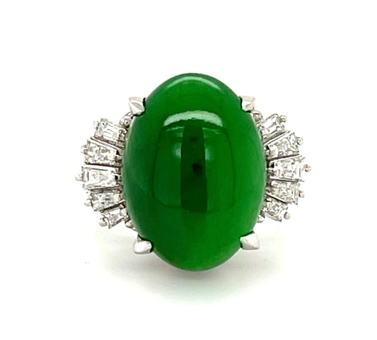 8.66ct Imperial A Jade GIA Platinum Estate Ring (Circa 1970s) .58ct Baguette Diamonds