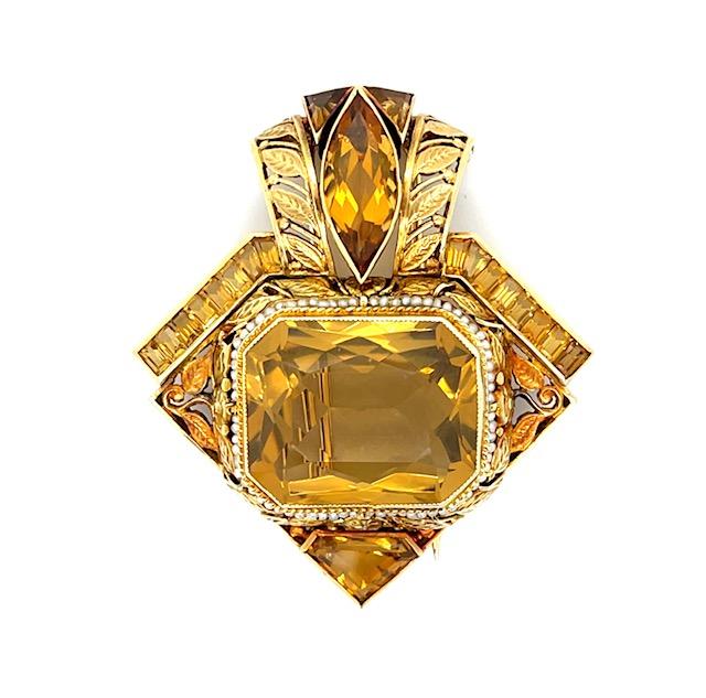 Victorian 45ct Citrine 14KY Brooch (antique 1880s) 15ct Side Citrine & Sea Pearl