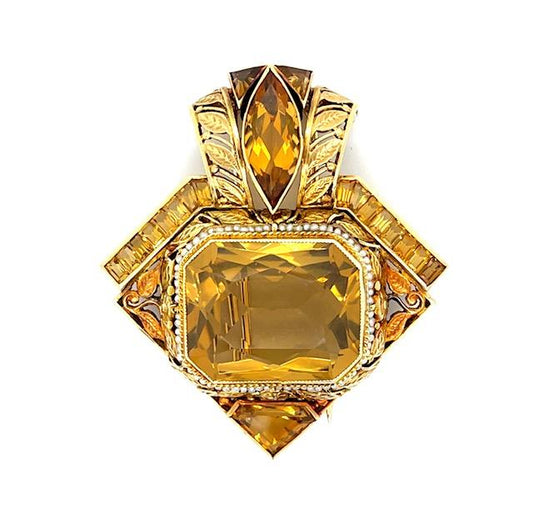 Victorian 45ct Citrine 14KY Brooch (antique 1880s) 15ct Side Citrine & Sea Pearl