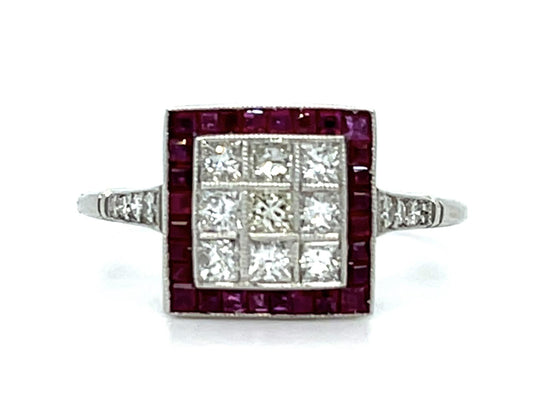 .66ct Princess Diamonds .58ct Rubies Platinum Handmade Ring 3.60g 6.50 Size