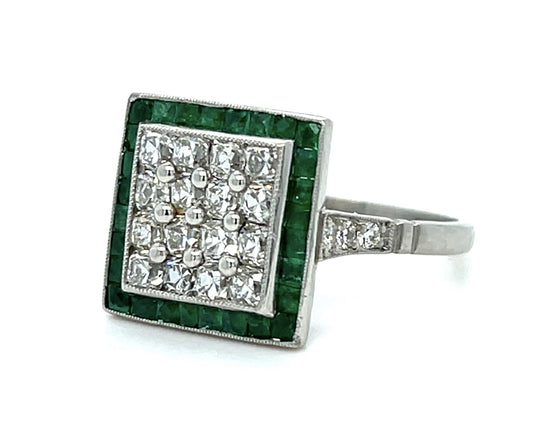 1.20ct French Cut Diamond .80ct Emeralds Platinum Handmade Ring 6.60g 7 Size