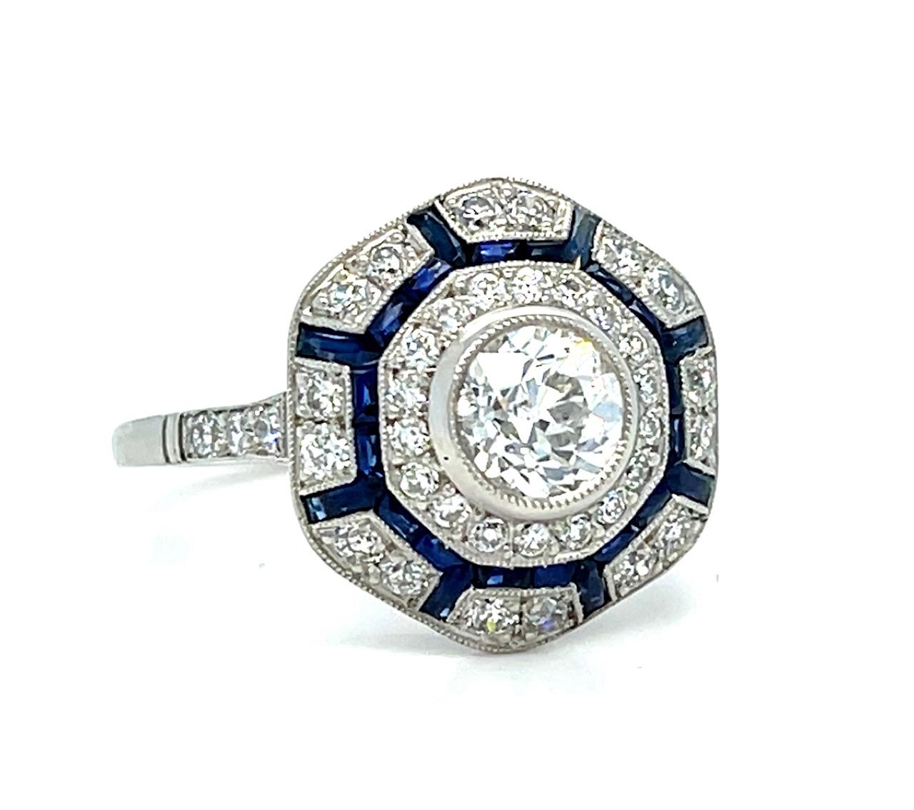 .76ct Old European Diamond .90ct Sapphire Platinum Handmade Ring 5.73g 7 Size