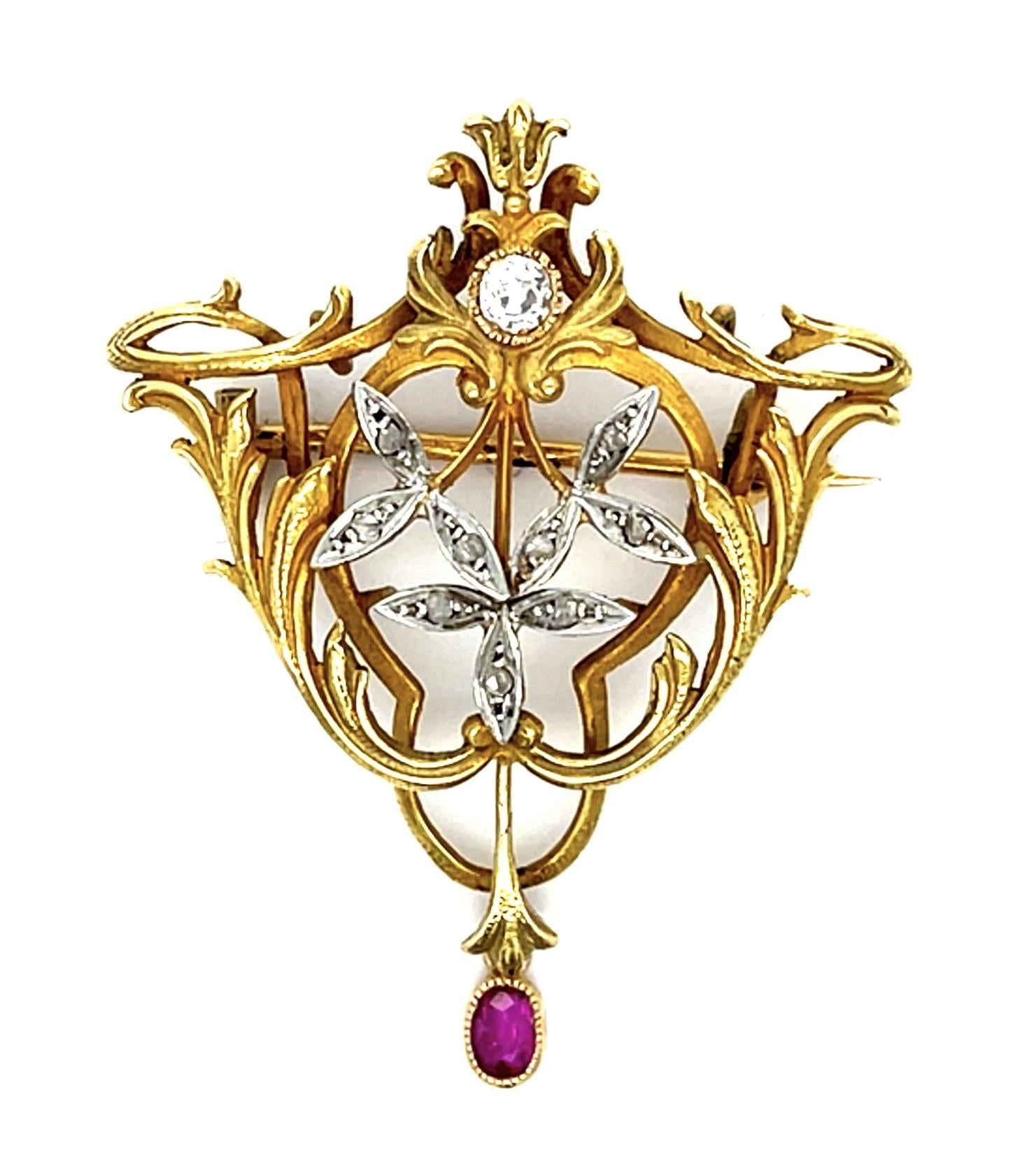 French Edwardian Diamond, Ruby 18KY Pendant (Antique 1900s)