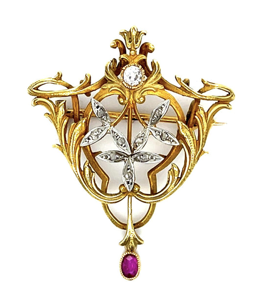 French Edwardian Diamond, Ruby 18KY Pendant (Antique 1900s)
