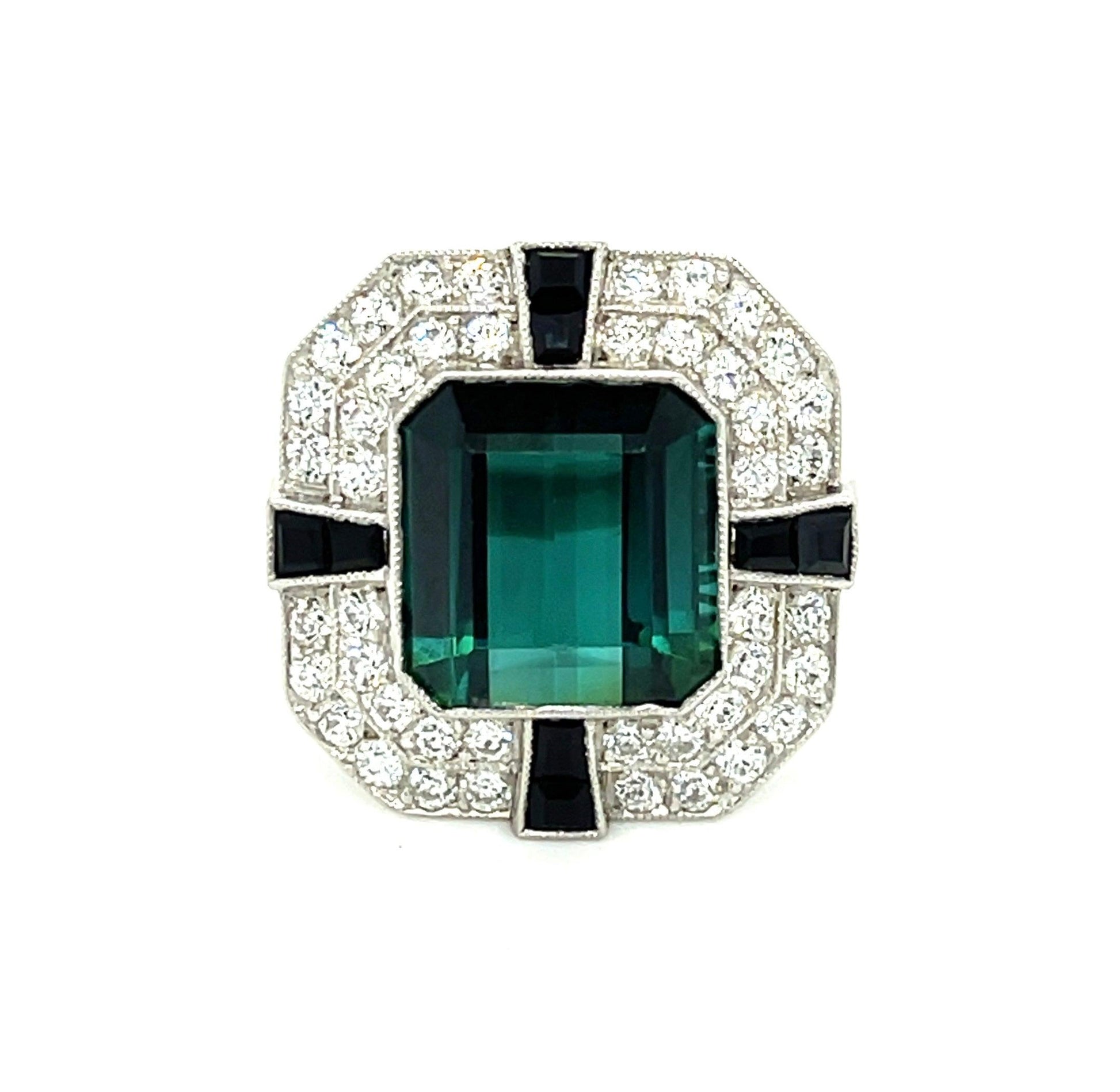 6.07ct Green/Blue Tourmaline .91ct Old European Cut Diamond & Onyx Platinum Ring