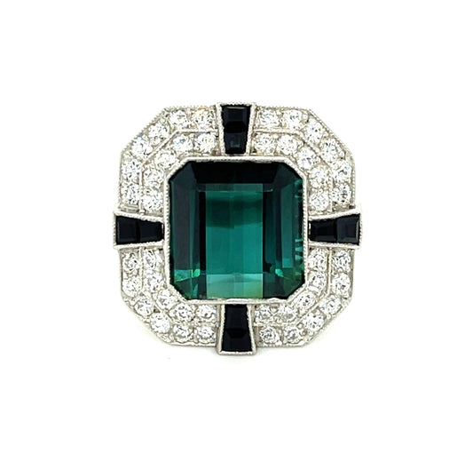 6.07ct Green/Blue Tourmaline .91ct Old European Cut Diamond & Onyx Platinum Ring