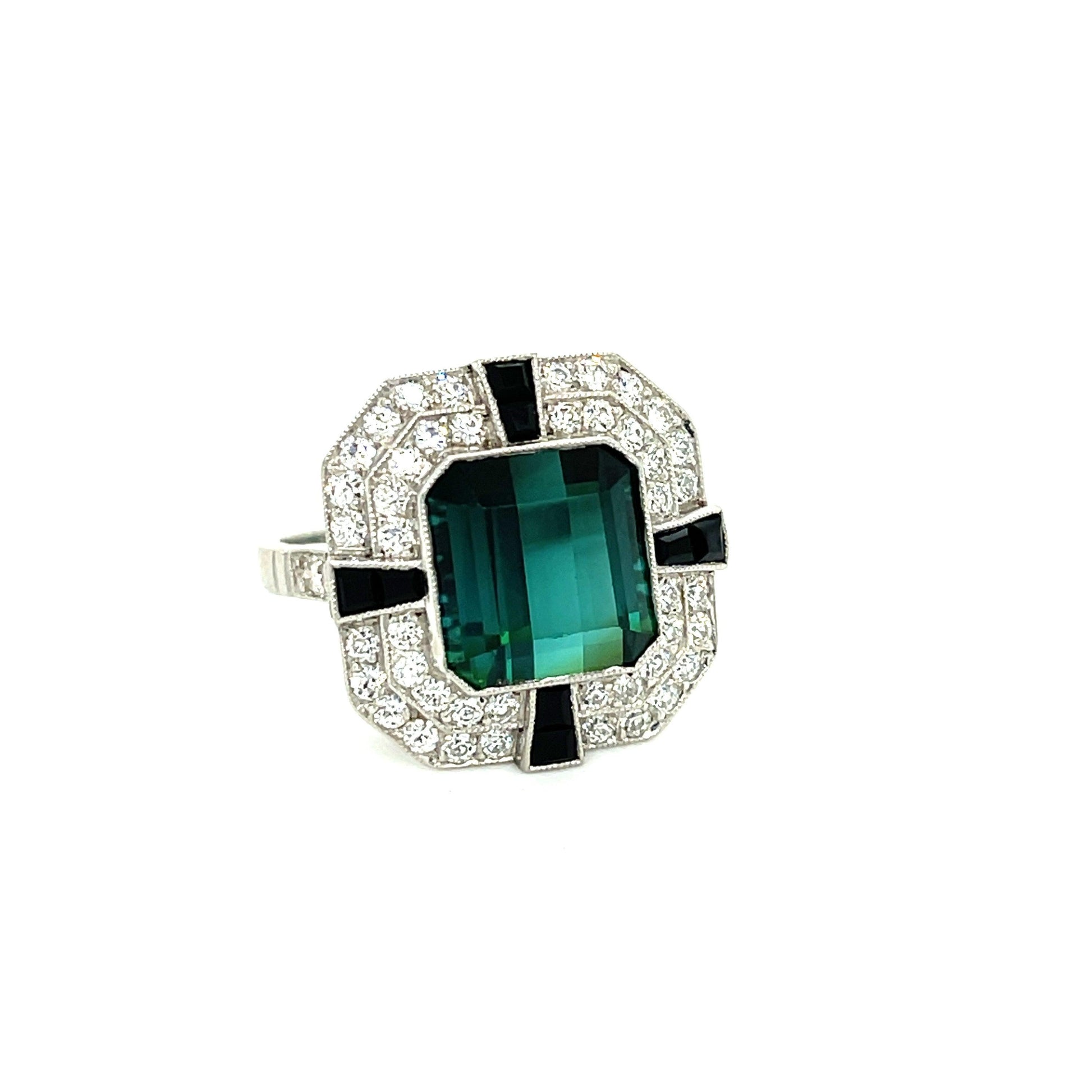 6.07ct Green/Blue Tourmaline .91ct Old European Cut Diamond & Onyx Platinum Ring